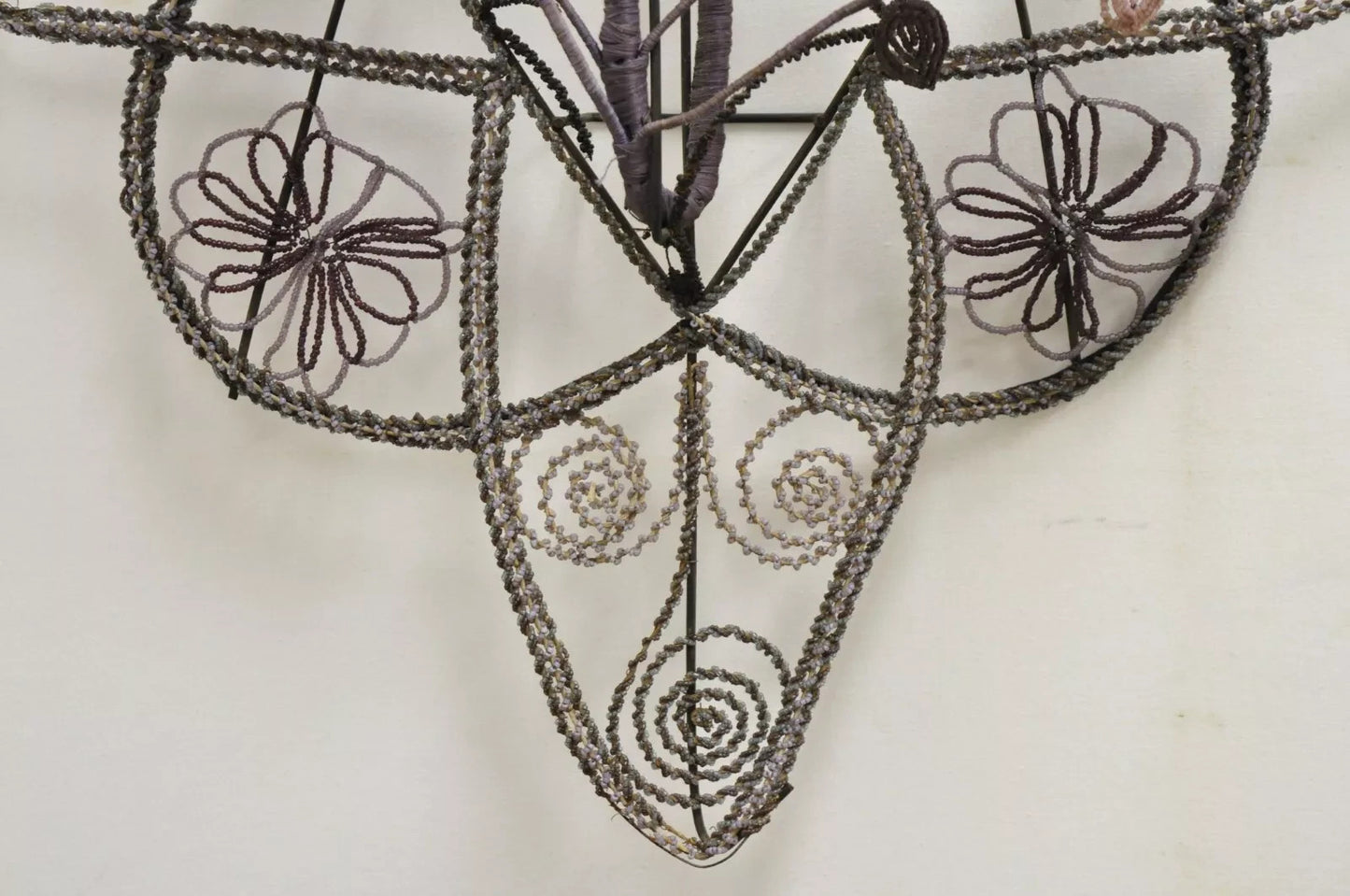 Antique French Victorian Purple Glass Beaded Memorial Wreath Wall Art Sculpture