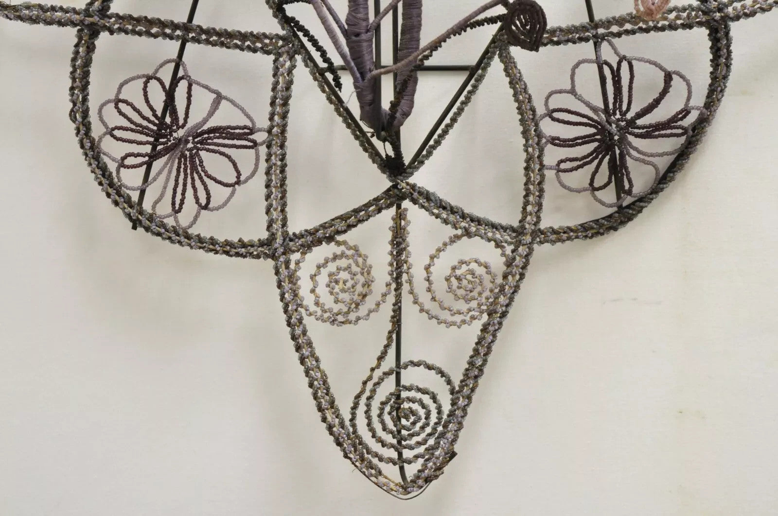 Antique French Victorian Purple Glass Beaded Memorial Wreath Wall Art Sculpture