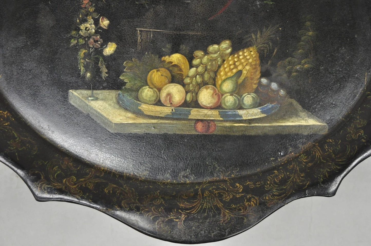 Antique French Papier Mache Tole Hand Painted Fruit Still Life and Bird Tray
