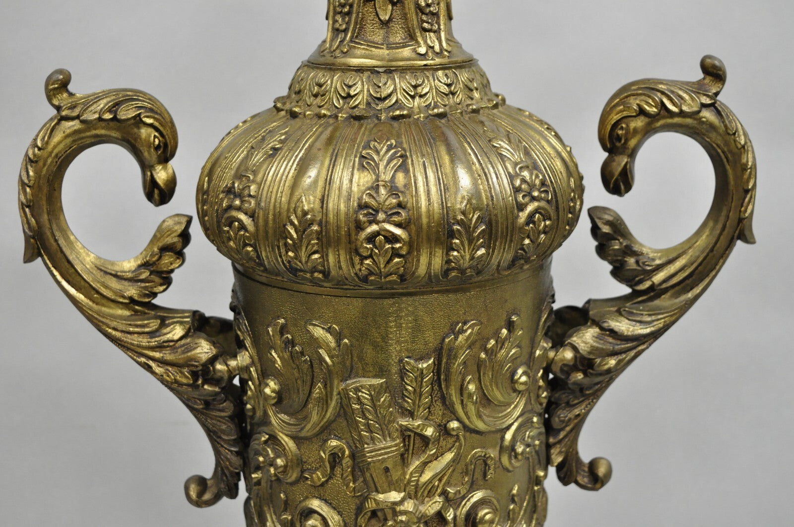 Antique Italian Renaissance Gold Bronze Figural Twin Handle Urn Large Table Lamp
