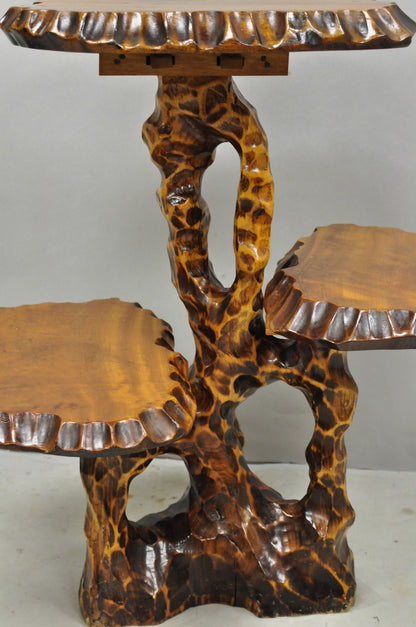 Vintage Mid Century Modern Live Edge 3 Tier Walnut Plant Stand Side Table