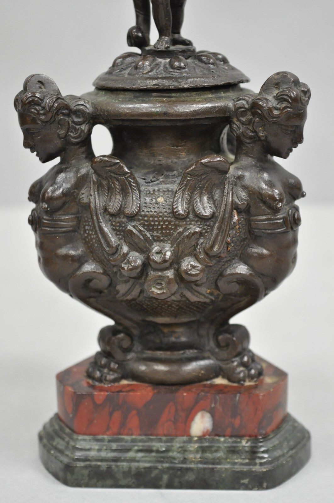 Antique Italian Renaissance Bronze Covered Figural Inkwell on Marble Base