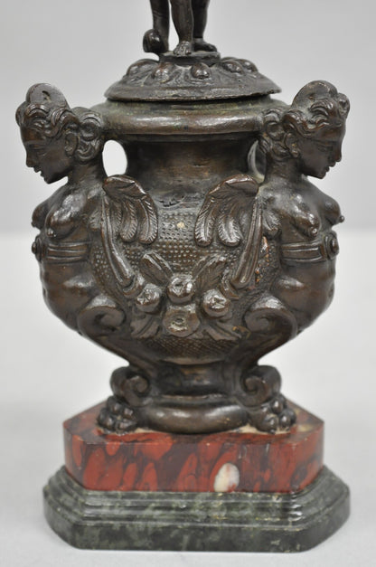 Antique Italian Renaissance Bronze Covered Figural Inkwell on Marble Base