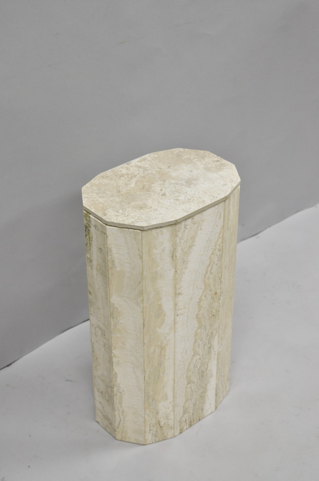 Vintage Postmodern Travertine Stone Small 20" Modern Pedestal Stand Side Table