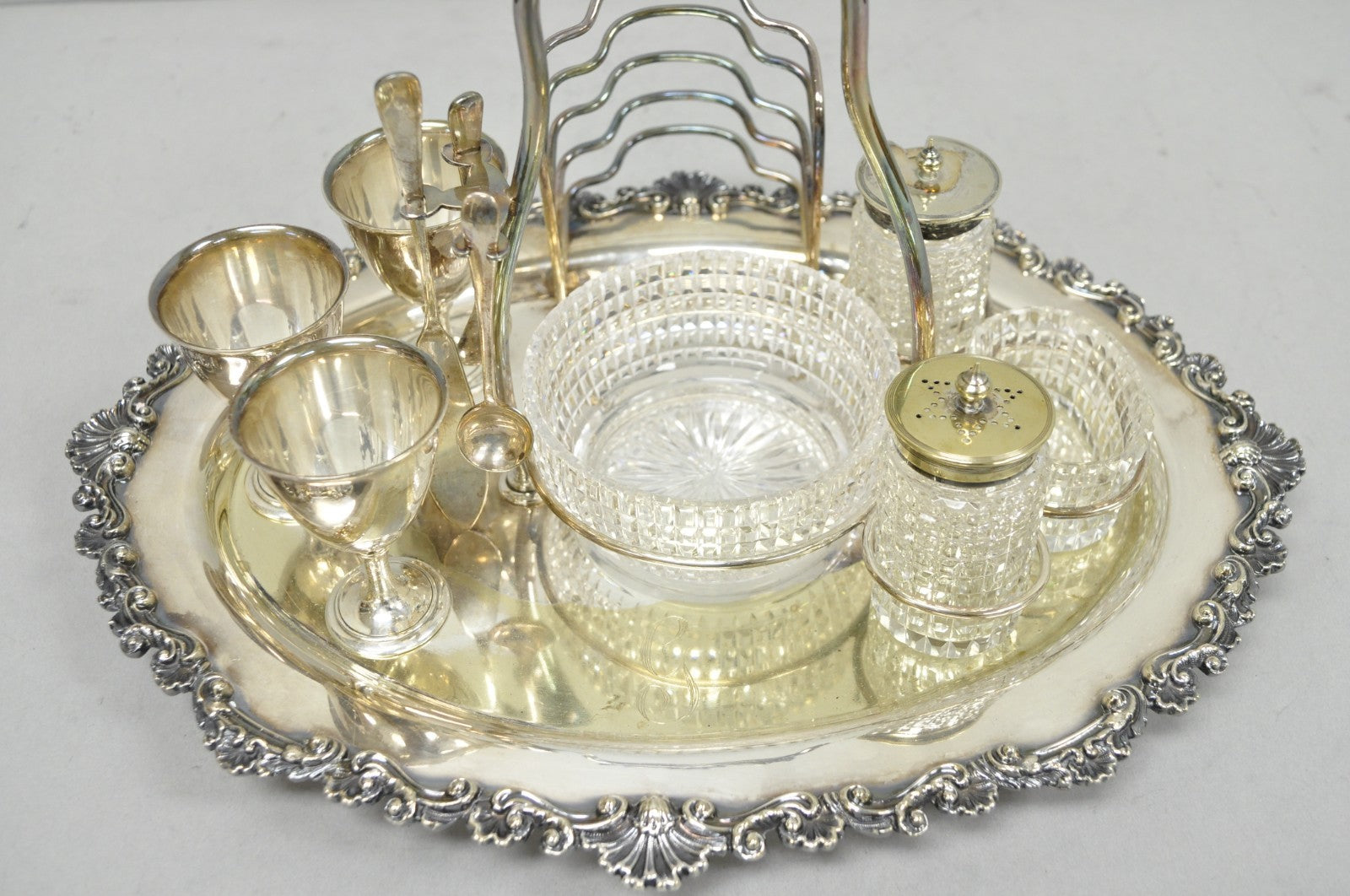 Antique Victorian Silver Plated Footed Cut Glass Breakfast Set Toast Rack w Tray