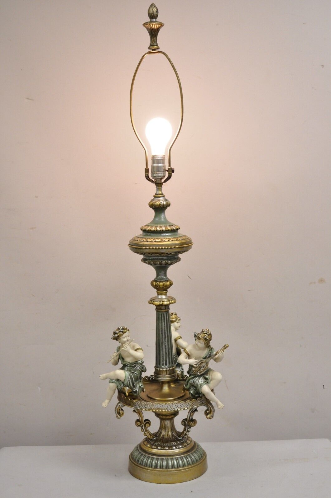 Vintage French Victorian Renaissance Figural Cherub Musician Metal Table Lamp