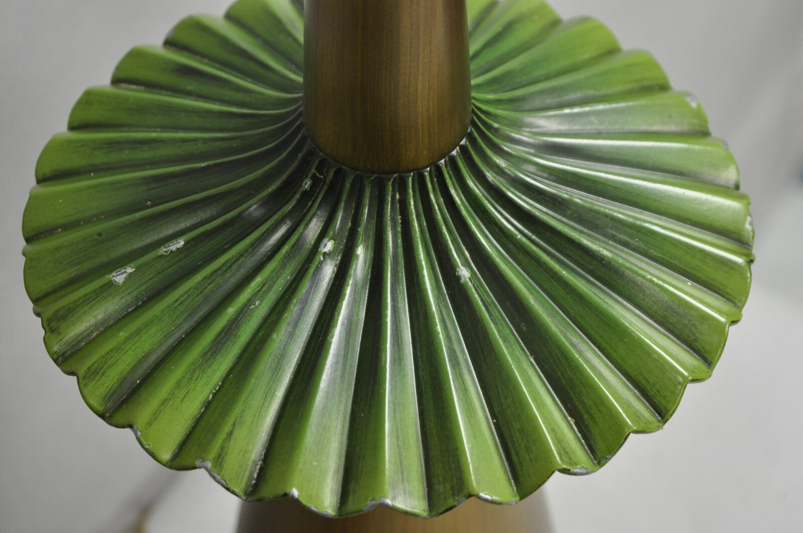 Vintage Mid Century Modern Atomic Era Green Flying Saucer Gold Table Lamp - Pair