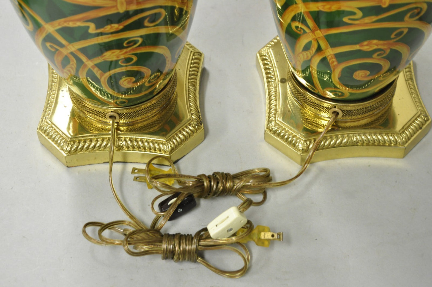 Hollywood Regency Green & Gold Scroll Painted Ceramic Table Lamps - a Pair