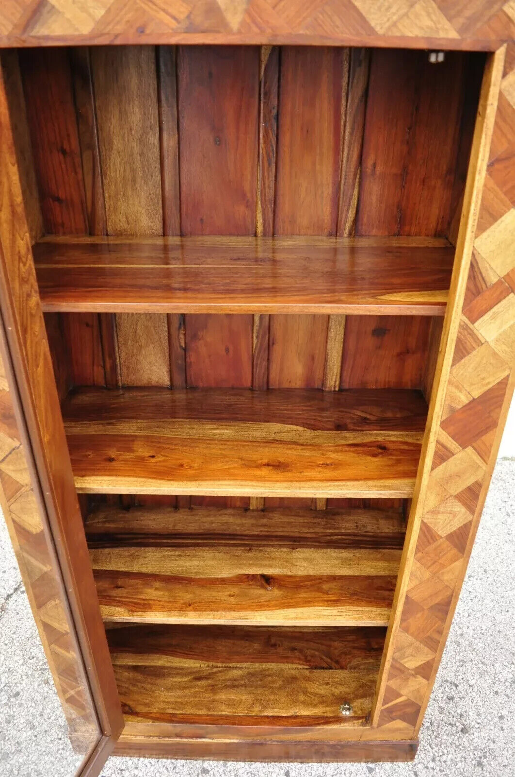 Marquetry Geometric Inlay Mixed Wood One Drawer Bookcase Display Cabinet Curio