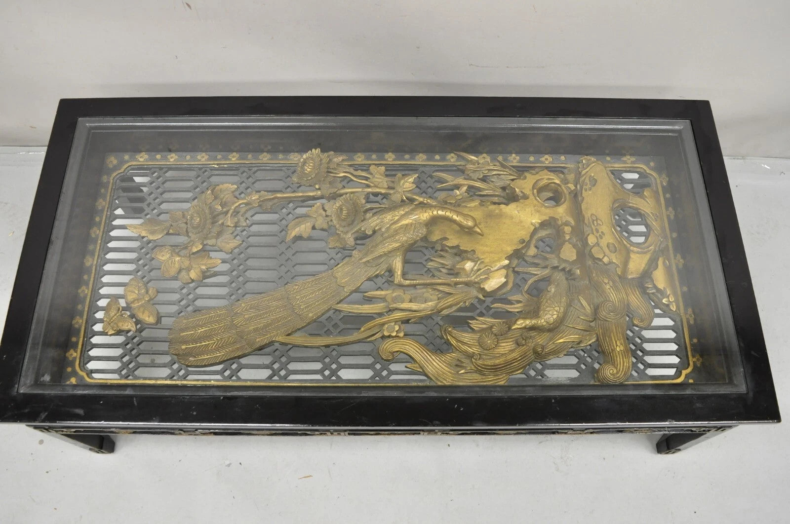 Vintage Chinese Relief Carved Ho ho Bird Glass Top Display Oriental Coffee Table