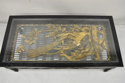 Vintage Chinese Relief Carved Ho ho Bird Glass Top Display Oriental Coffee Table