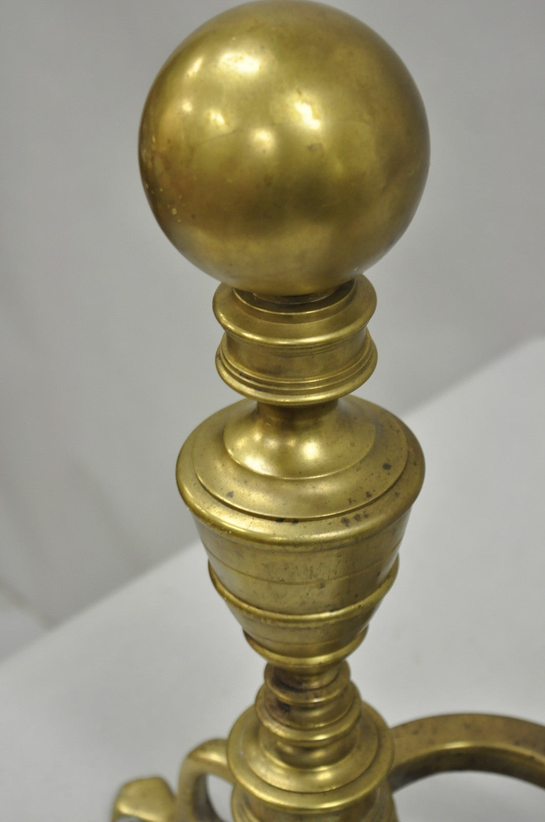 Antique English Victorian Brass Cannonball Ball and Claw Fireplace Andirons Pair