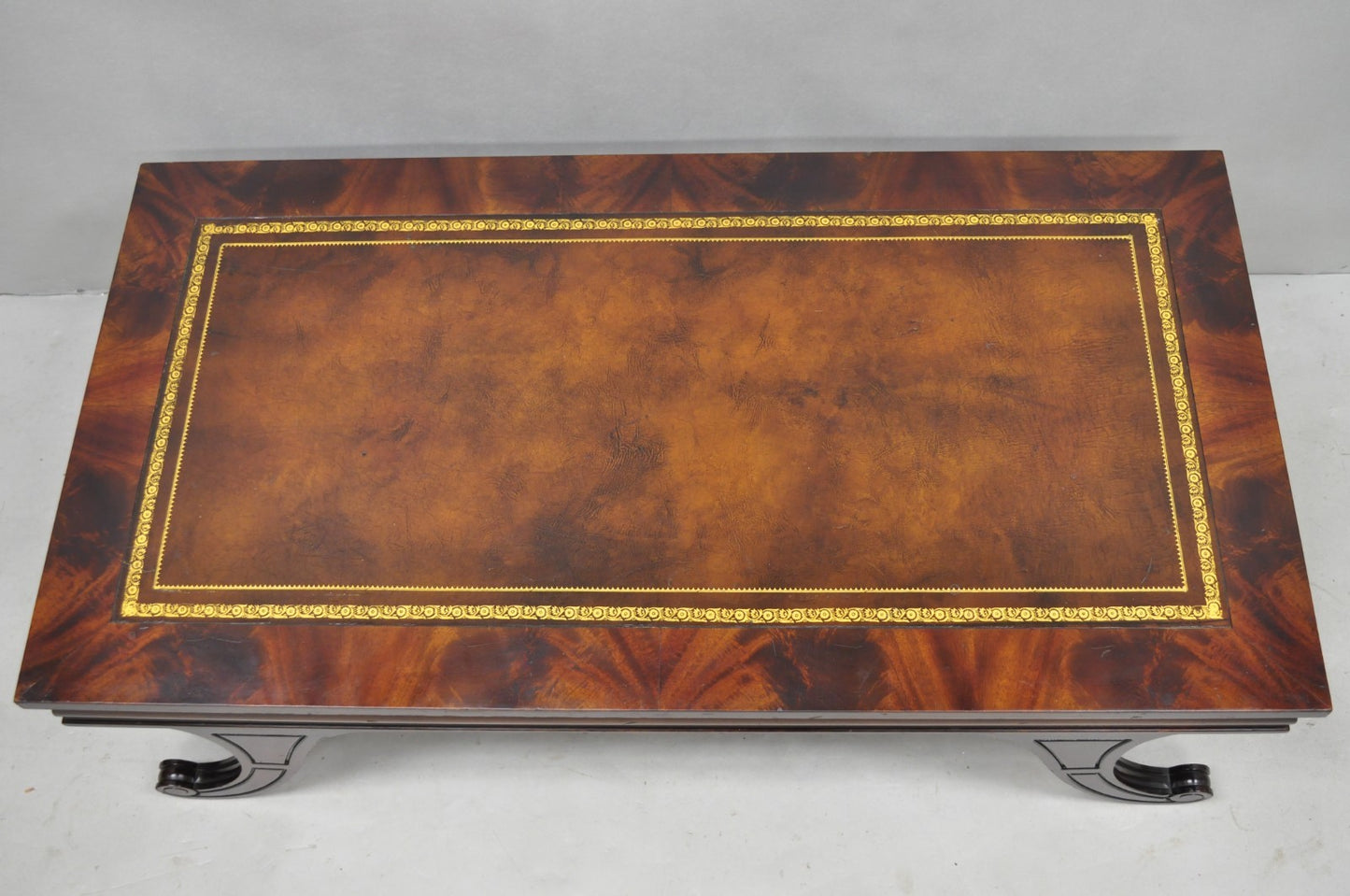 Vintage French Regency Mahogany Leather Top Saber Leg Coffee Table attr Weiman