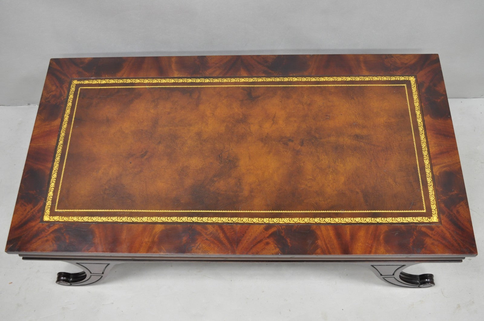 Vintage French Regency Mahogany Leather Top Saber Leg Coffee Table attr Weiman