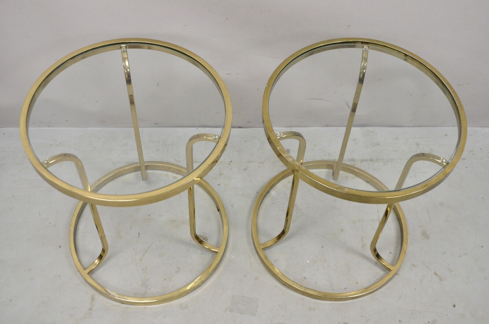 Vintage Mid Century Gold Brass Metal Baughman Style Round Side Tables - a Pair