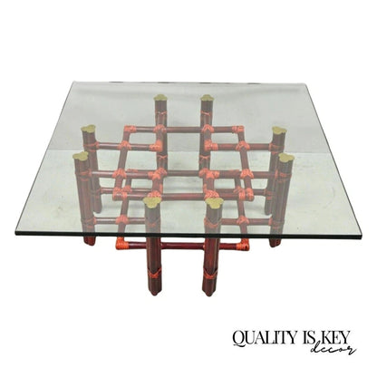 Vintage McGuire Red Rattan Bamboo and Brass Glass Top Square Coffee Table