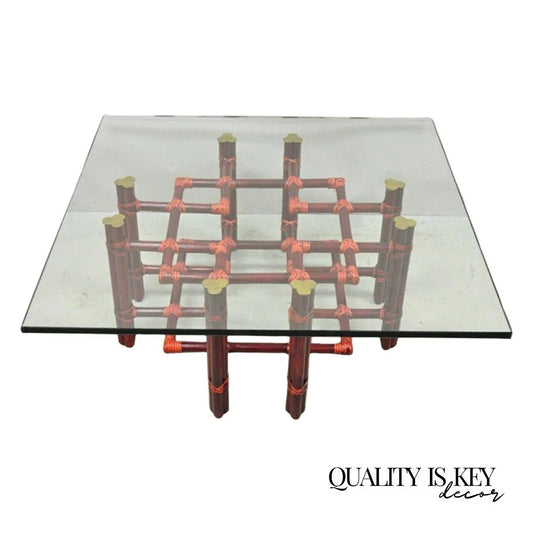 Vintage McGuire Red Rattan Bamboo and Brass Glass Top Square Coffee Table