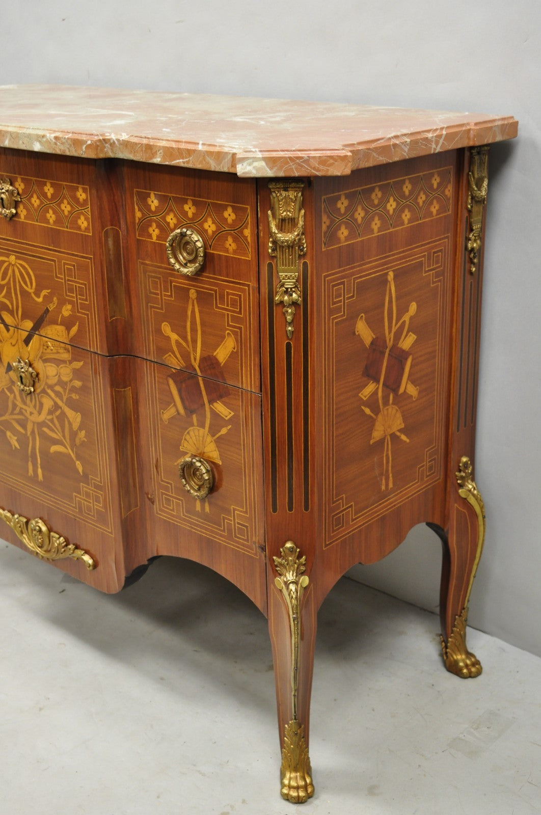 Vintage French Louis XV Style Marquetry Inlay Marble Top Commode Dresser Chest
