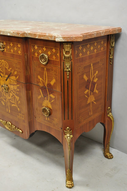 Vintage French Louis XV Style Marquetry Inlay Marble Top Commode Dresser Chest