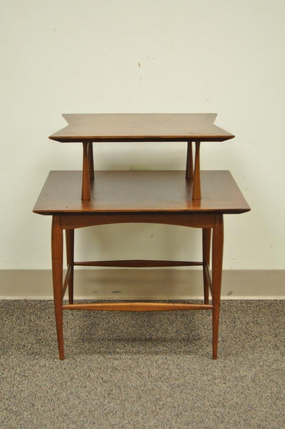 Vintage Mid Century Danish Modern Walnut Teak 2 Tier Sculpted Side Lamp Table