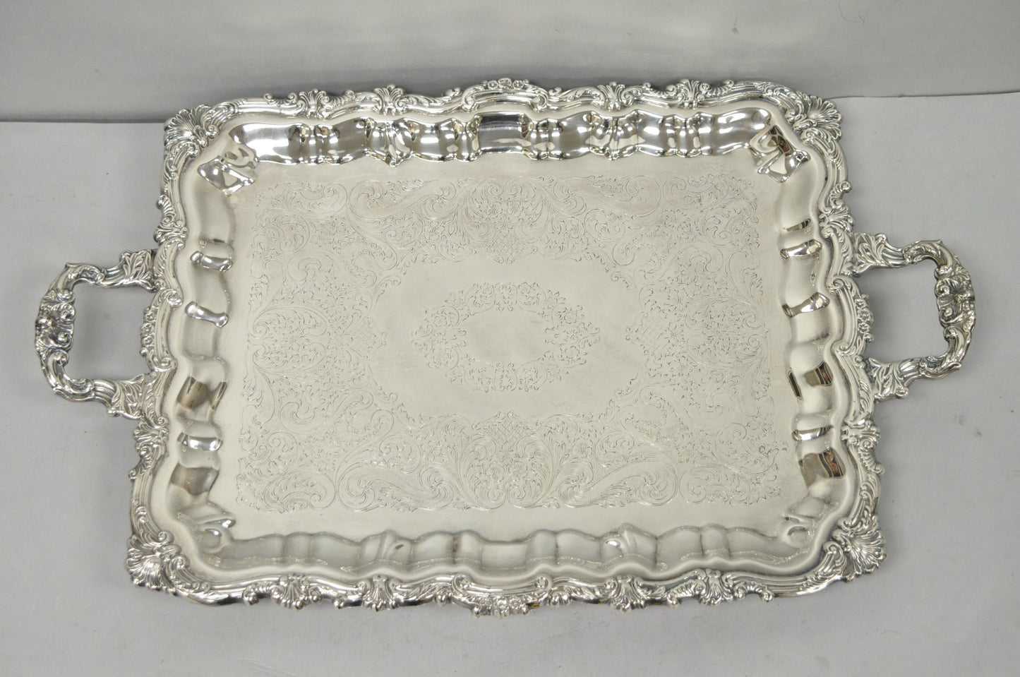 Vintage Victorian Silver Plated Footed Twin Handle Serving Platter Bar Tray
