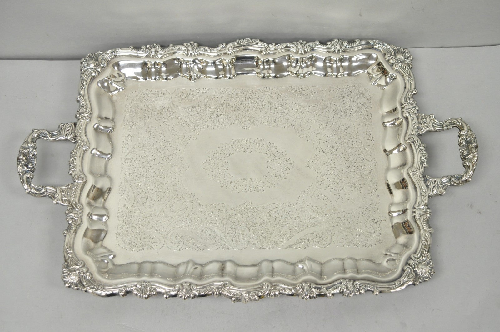 Vintage Victorian Silver Plated Footed Twin Handle Serving Platter Bar Tray