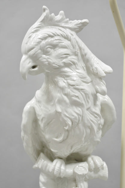Antique Italian Blanc de Chine White Porcelain Perched Cockatoo Bird Table Lamp