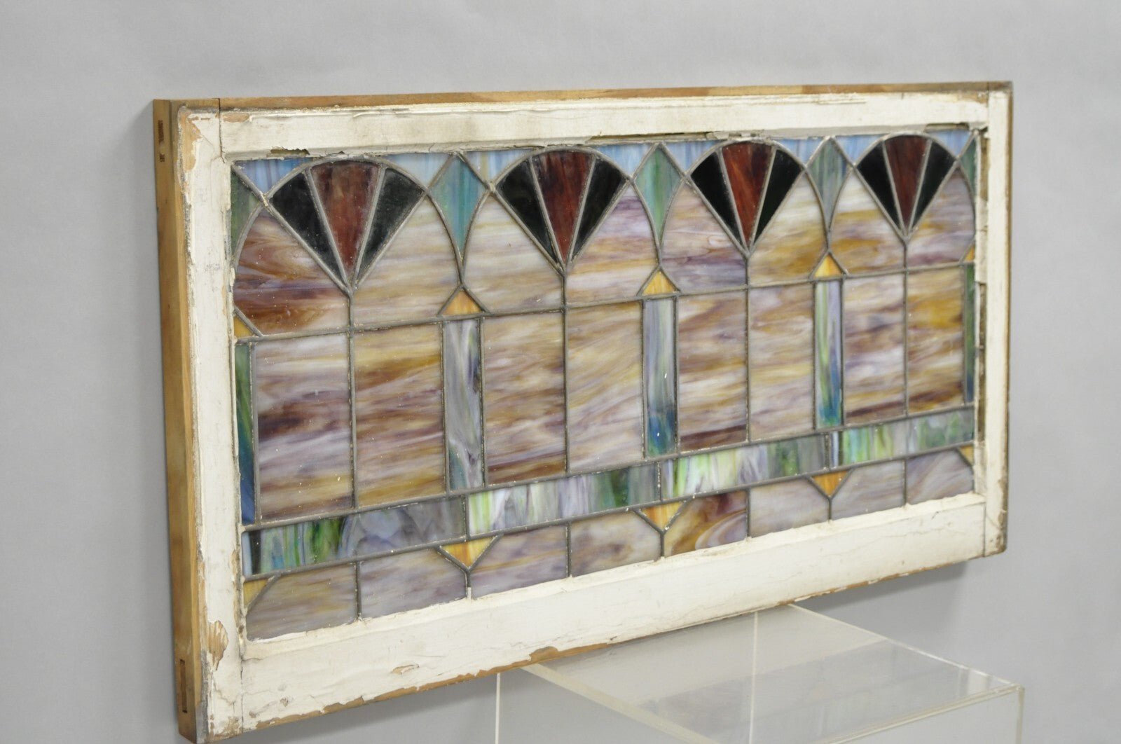 Antique Victorian Stained Leaded Glass Blue Green 24x48 "Fan" Window Transom