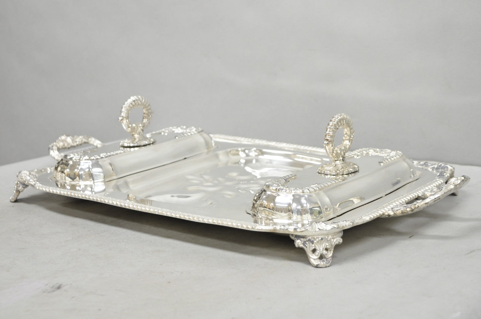 Vintage Victorian Silver Plated Meat Serving Platter Tray w/ Covered Dishes