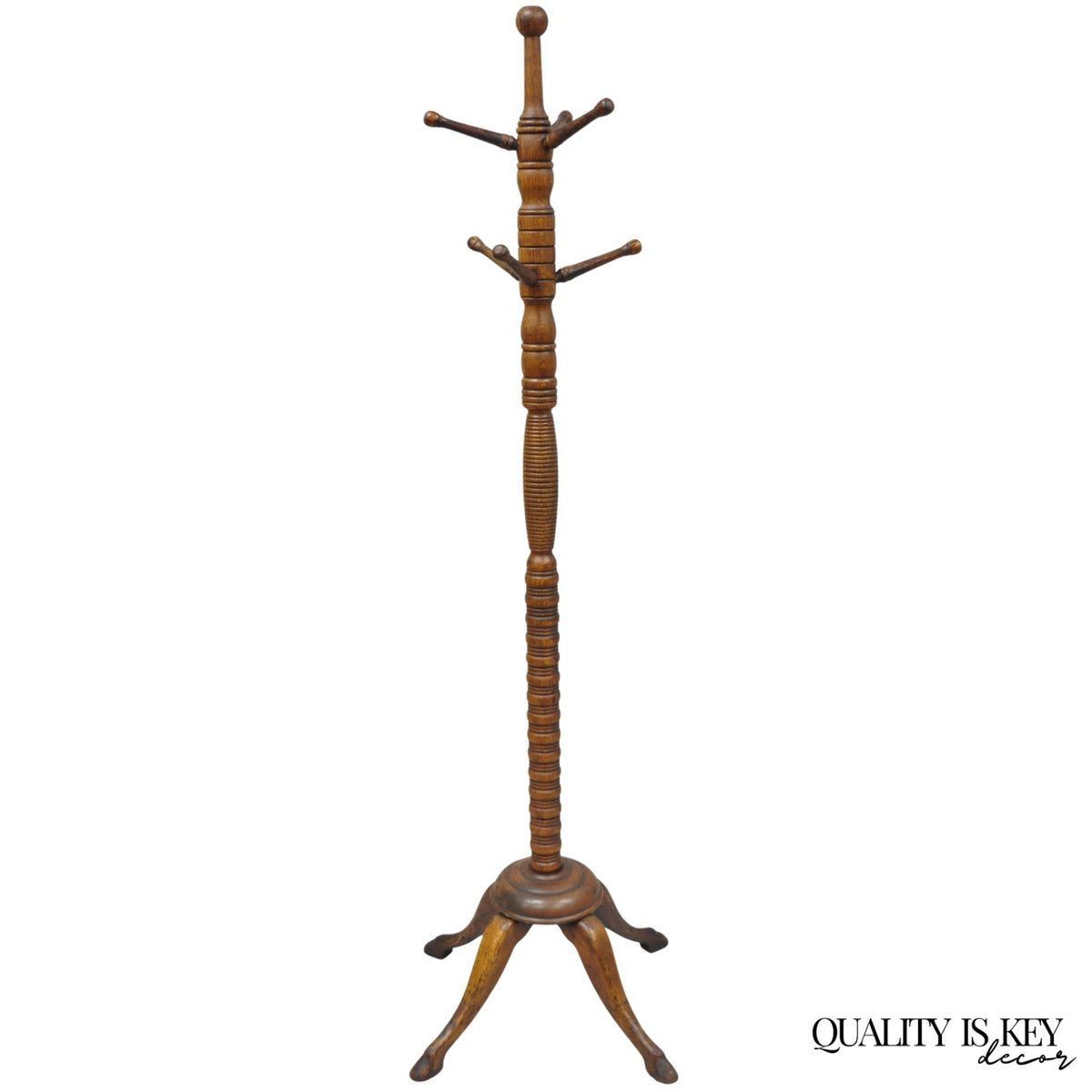 Antique Arts & Crafts Mission Oak Wood Carved Hoof Foot Standing Coat Rack Tree