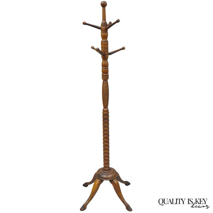 Antique Arts & Crafts Mission Oak Wood Carved Hoof Foot Standing Coat Rack Tree