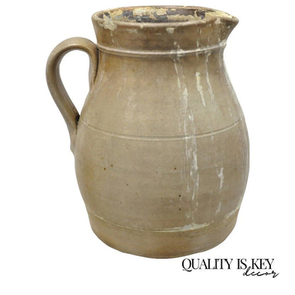 Antique Primitive Stoneware Salt Glazed 8" Bulbous Water Pitcher with Handle