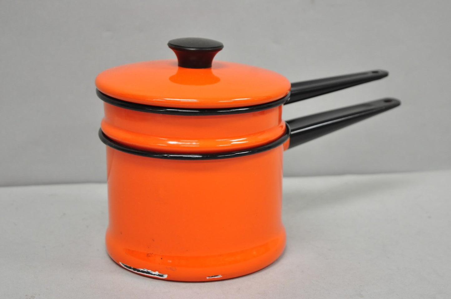 Vintage Enamel Orange & Black Metal Double Boiler Nesting Pot w/ Lid