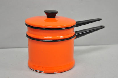 Vintage Enamel Orange & Black Metal Double Boiler Nesting Pot w/ Lid