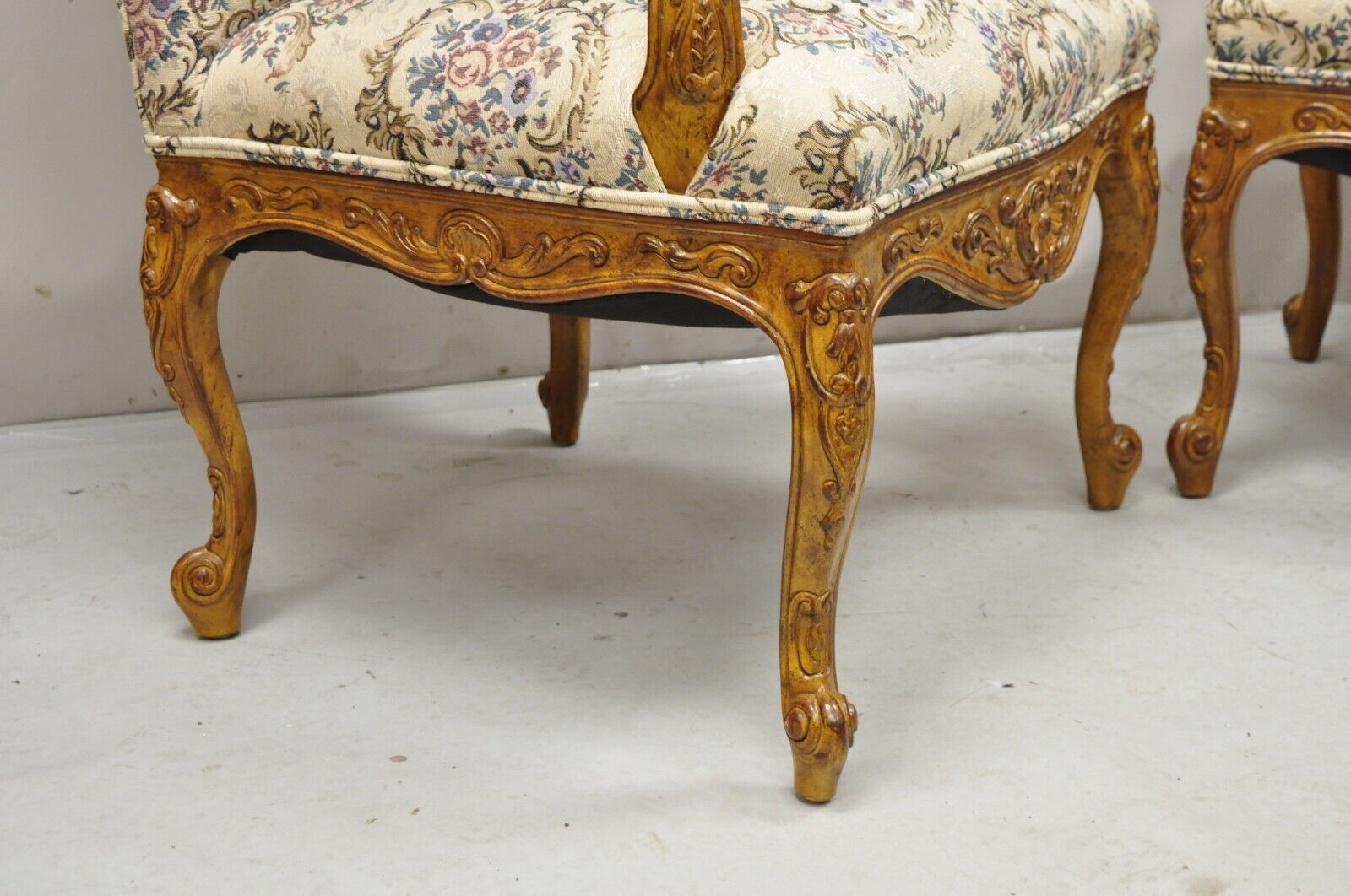 Pair French Country Style Carved Walnut Floral Upholstered High Back Arm Chairs