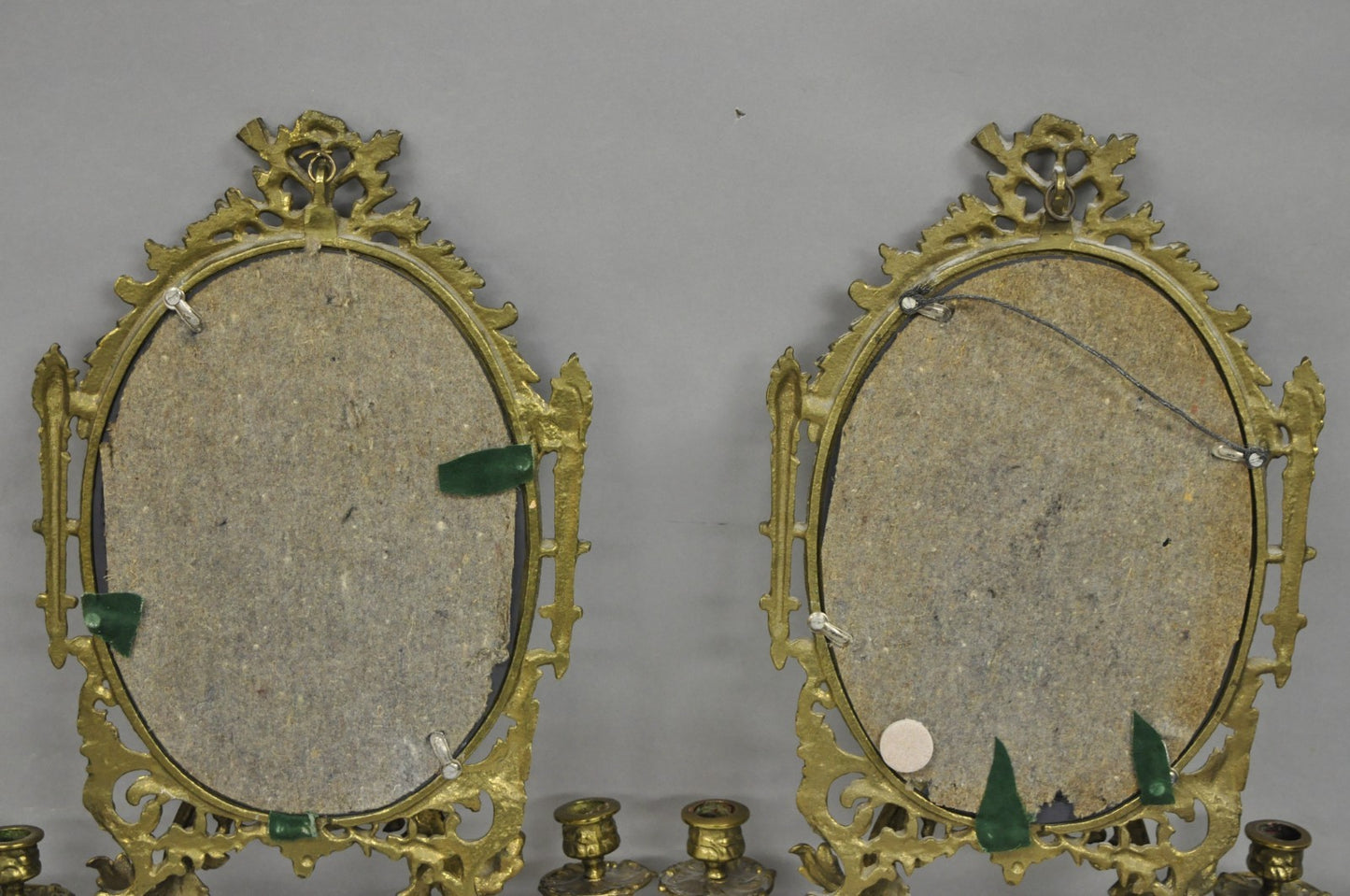 Antique French Rococo Louis XV Brass Oval Mirror Candelabra Wall Sconces - Pair
