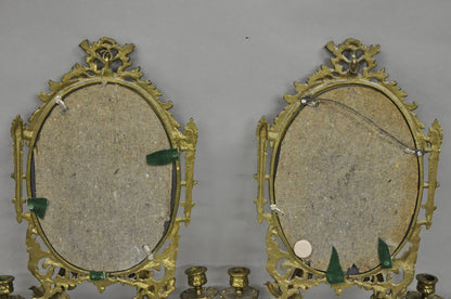 Antique French Rococo Louis XV Brass Oval Mirror Candelabra Wall Sconces - Pair