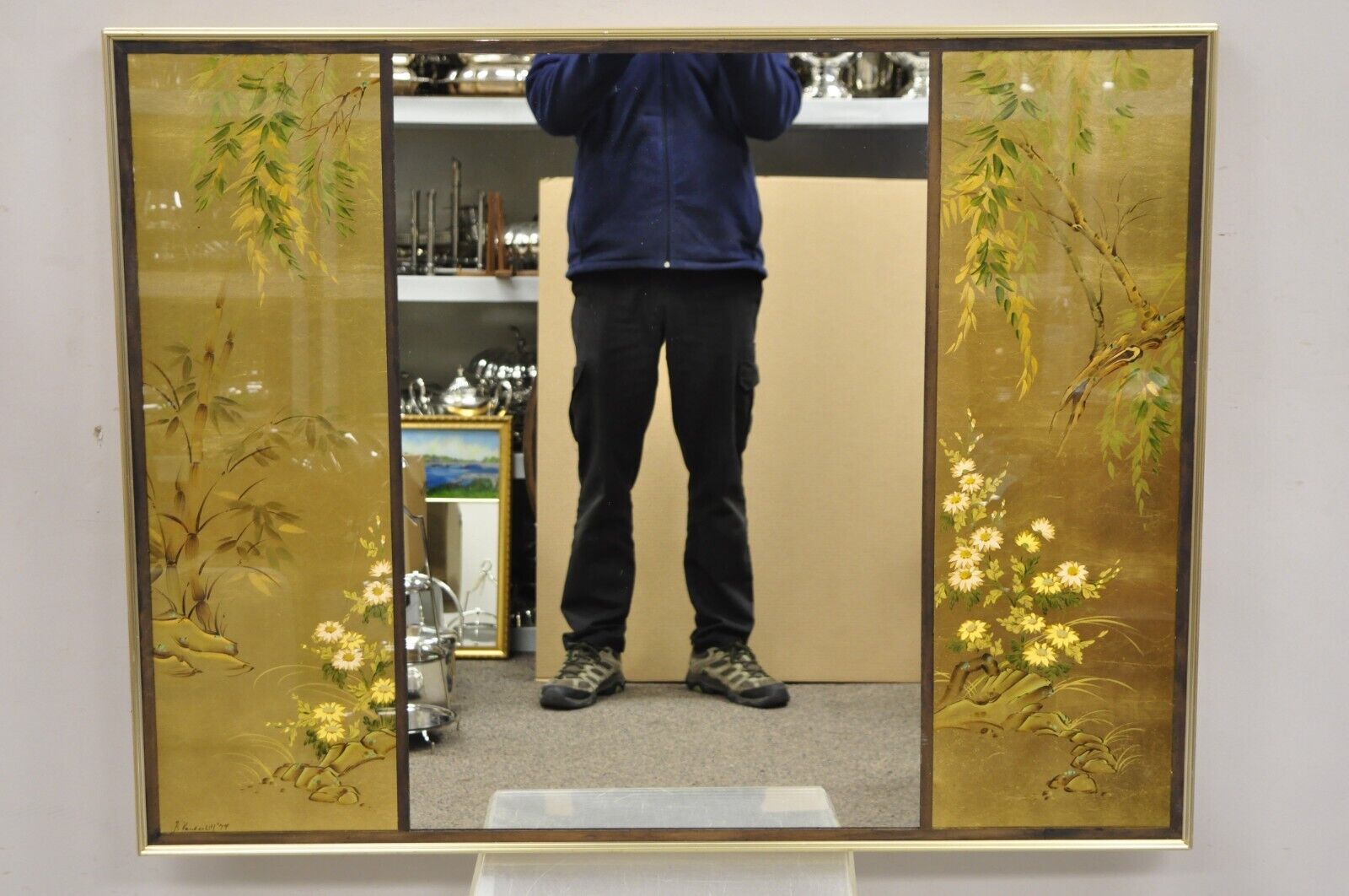 Vintage LaBarge Chinoiserie Floral Gold Gilt Decorated Rectangular Wall Mirror