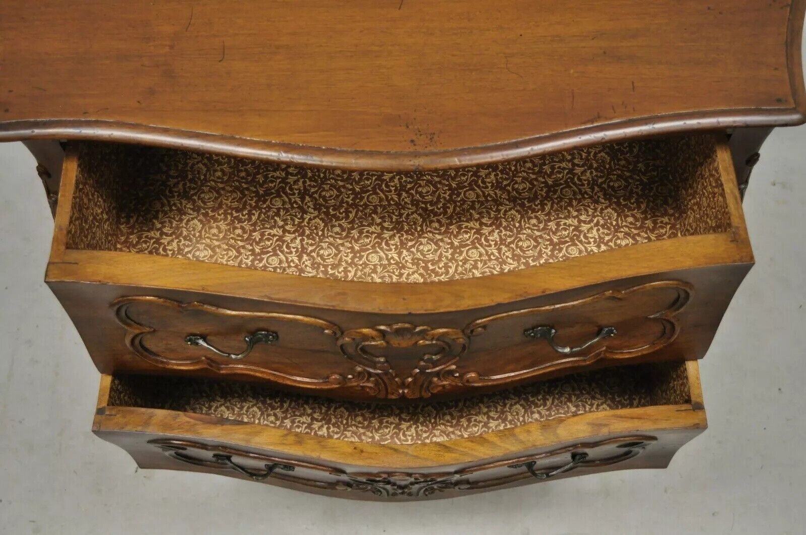 Vintage Louis XV Style Carved Walnut 2 Drawer Chest Italian Small Bombe Commode