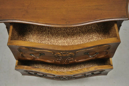 Vintage Louis XV Style Carved Walnut 2 Drawer Chest Italian Small Bombe Commode