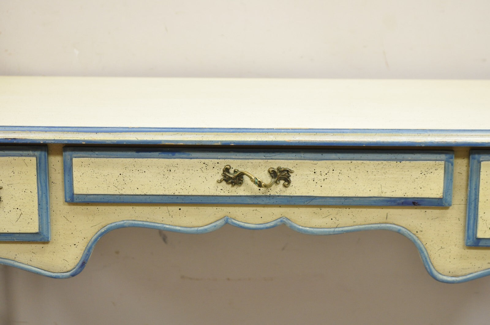 Vintage French Provincial Louis XV Cream & Blue Ladies Writing Desk Chair Set