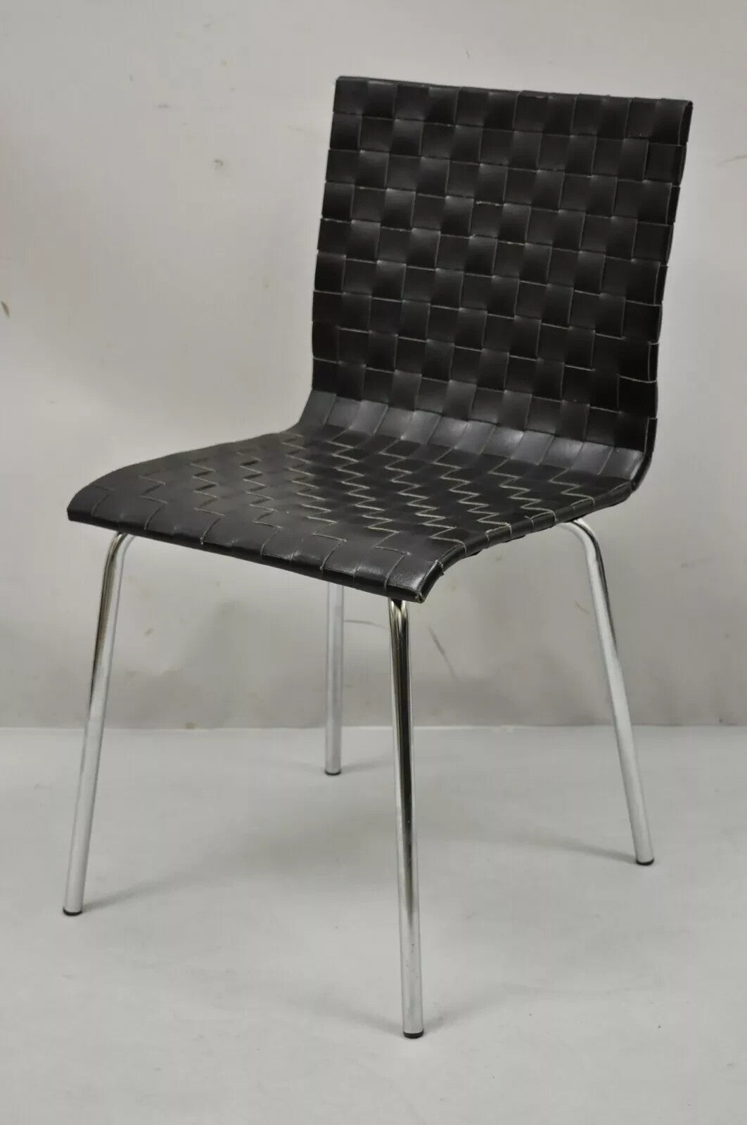 Contemporary Modern Black Woven Leather Chrome Frame Dining Chairs - Set of 4