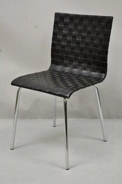Contemporary Modern Black Woven Leather Chrome Frame Dining Chairs - Set of 4