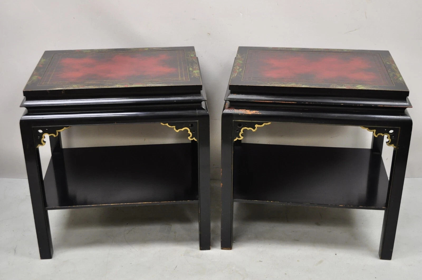 Vintage Chinoiserie Black Lacquered Red Leather Top 2 Tier End Tables - a Pair