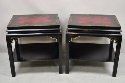 Vintage Chinoiserie Black Lacquered Red Leather Top 2 Tier End Tables - a Pair