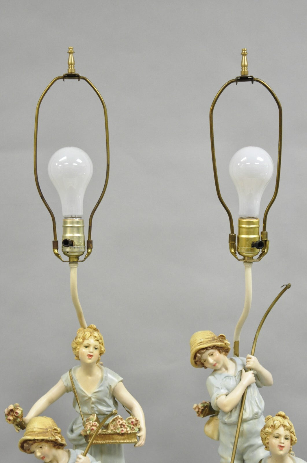 Antique L&F Moreau Victorian Painted Spelter Metal Figural Table Lamps - a Pair
