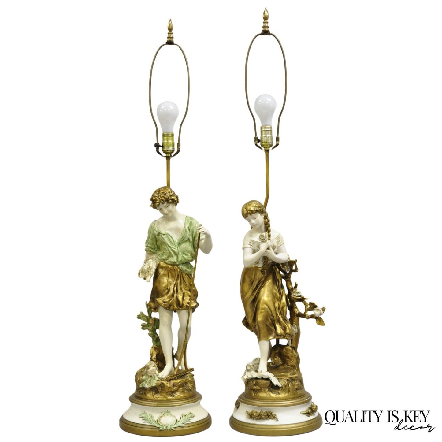 Vintage French Renaissance Moreau Metal Boy and Girl Figural Table Lamp - a Pair