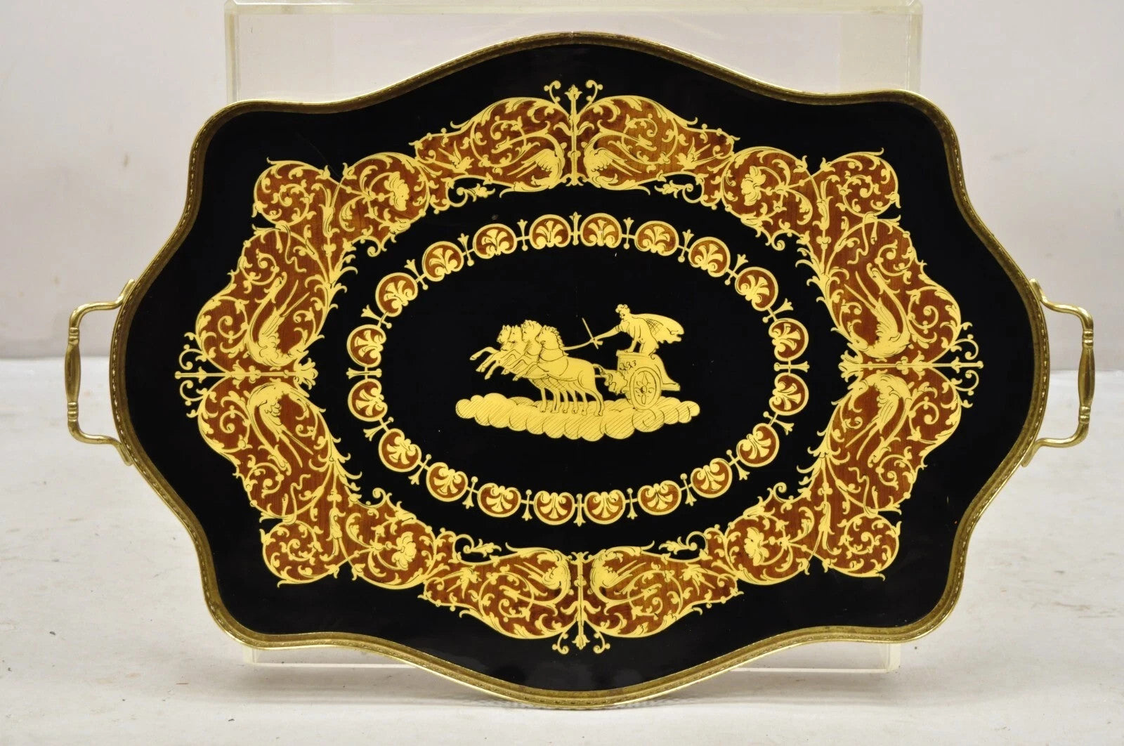 Vintage Italian Lacquered Wood & Brass Chariot Marquetry Inlay Bar Serving Tray
