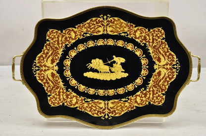 Vintage Italian Lacquered Wood & Brass Chariot Marquetry Inlay Bar Serving Tray