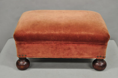 Vintage Jacobean William & Mary Walnut Bun Feet Upholstered Ottoman Footstool